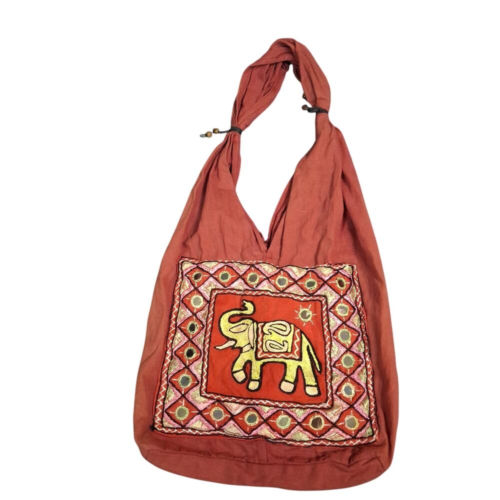 Unbranded Rust Boho Elephant Mirror Work Hobo Shoulder Bag Jhola